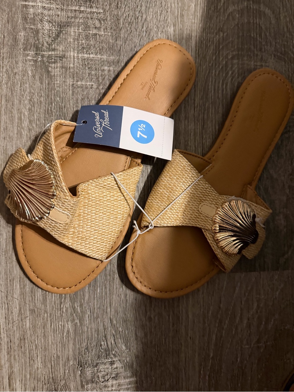 Woven Tan Slide Sandals with Shell Accent - Women's